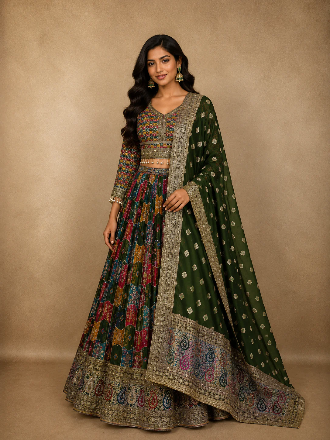 Green Multicolor Floral Printed Design Silk Party Wear Lehenga with Dupatta